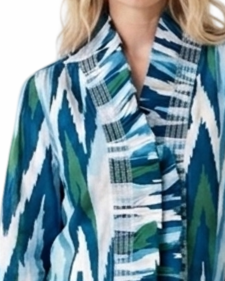 The Amelia Ruffle Front Smocked Top in Green Blue Geometric Ikat — view 3