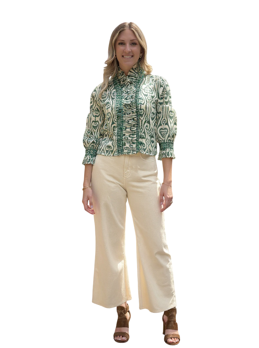 The Amelia Ruffle Trim Smocked Top in Moss Green White Ikat — view 3