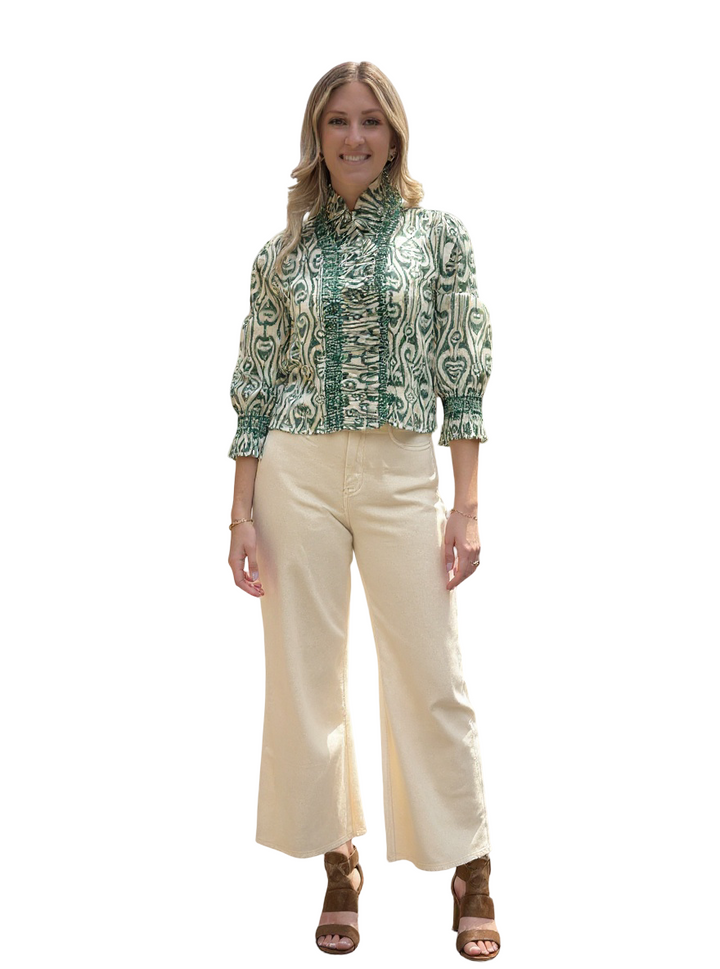The Amelia Ruffle Trim Smocked Top in Moss Green White Ikat — view 3