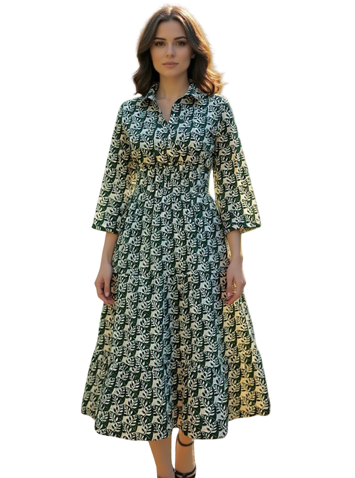 The Sydney Cinch Waist Dress in Green and Cream — view 6