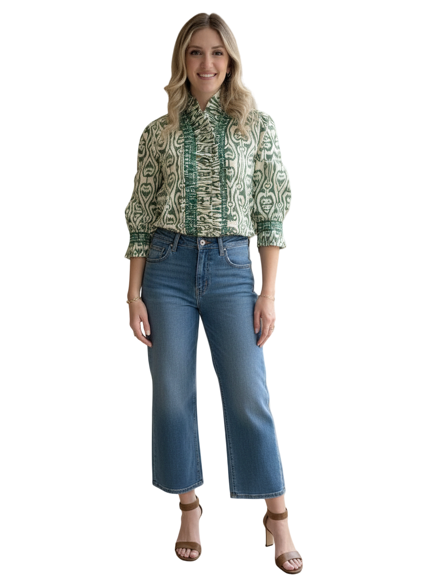 The Amelia Ruffle Trim Smocked Top in Moss Green White Ikat