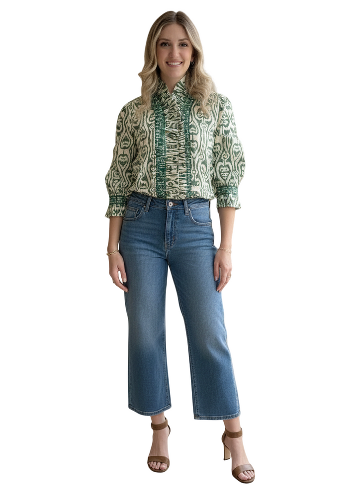 The Amelia Ruffle Trim Smocked Top in Moss Green White Ikat