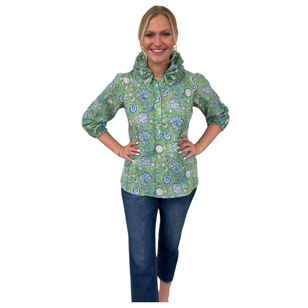 The Maria Ruffle Neck Cotton Top in Celery Floral Hand Block