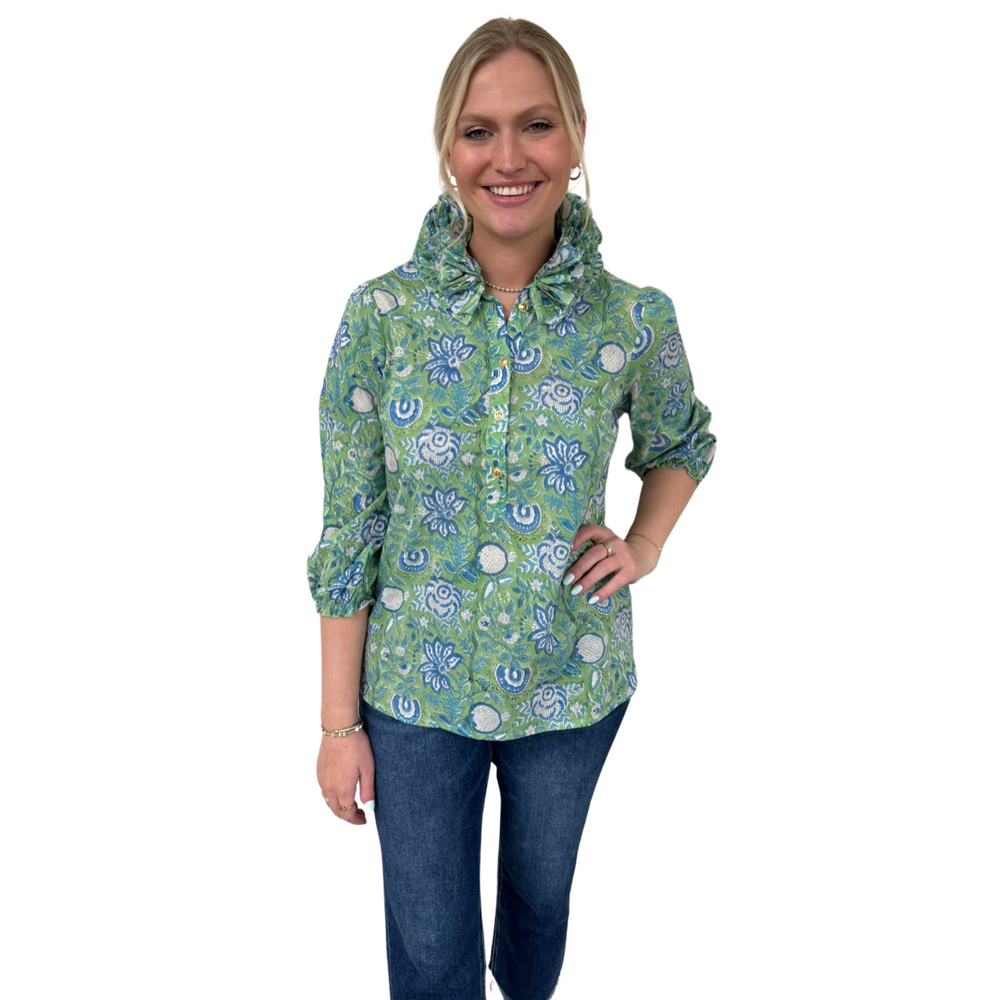 The Maria Ruffle Neck Cotton Top in Celery Floral Hand Block — view 2