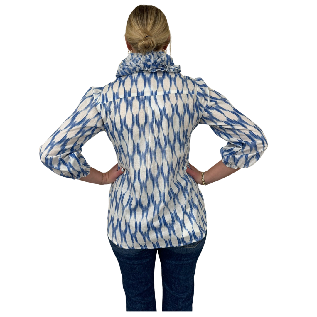 The Maria Ruffle Neck Cotton Blouse in Blue and White Ikat — view 6