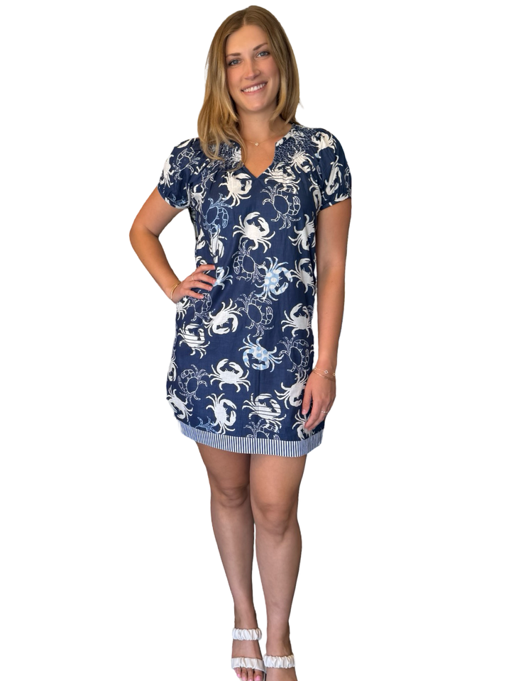 The Michelle Smocked Neck Cotton Dress in Navy Crab — view 4