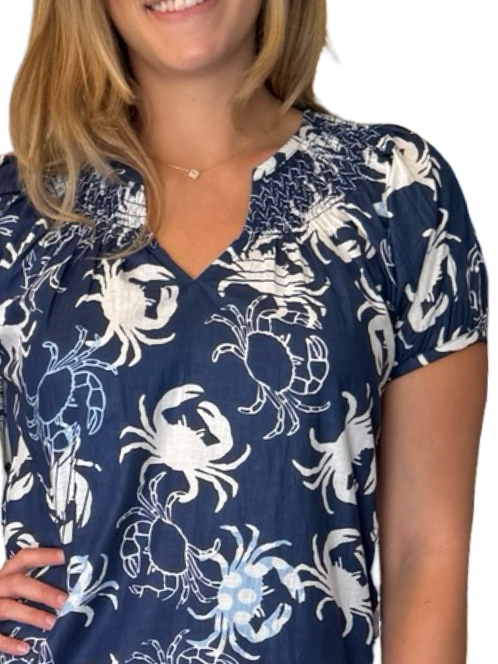 The Michelle Smocked Neck Cotton Dress in Navy Crab — view 3