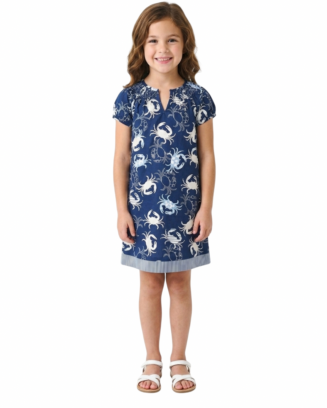 The Michelle Cotton Smocked Neck Short Sleeve Dress for Girl's in Navy Crab