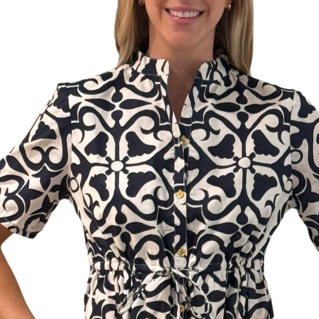 The Hamilton Navy White Short Sleeve Cotton Tie Front Dress — view 7