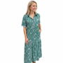 The Short Sleeve Jaqueline Dress in Green Blue With Blue Striped Trim