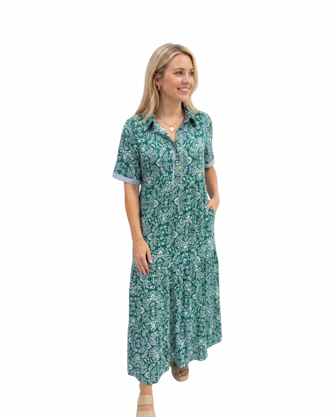 The Short Sleeve Jaqueline Dress in Green Blue With Blue Striped Trim