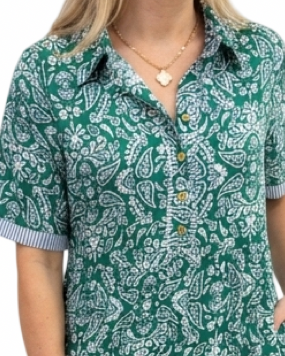 The Short Sleeve Jaqueline Dress in Green Blue With Blue Striped Trim — view 2