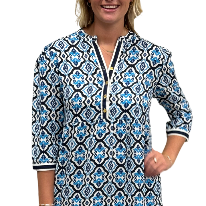 The Addison Blue White Geometric Tile Print Dress — view 5