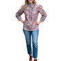 The Carrie Ruffle Trim Top in Blue Grey Handblocked Floral