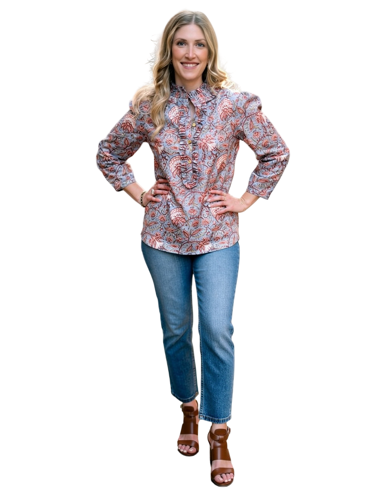 The Carrie Ruffle Trim Top in Blue Grey Handblocked Floral