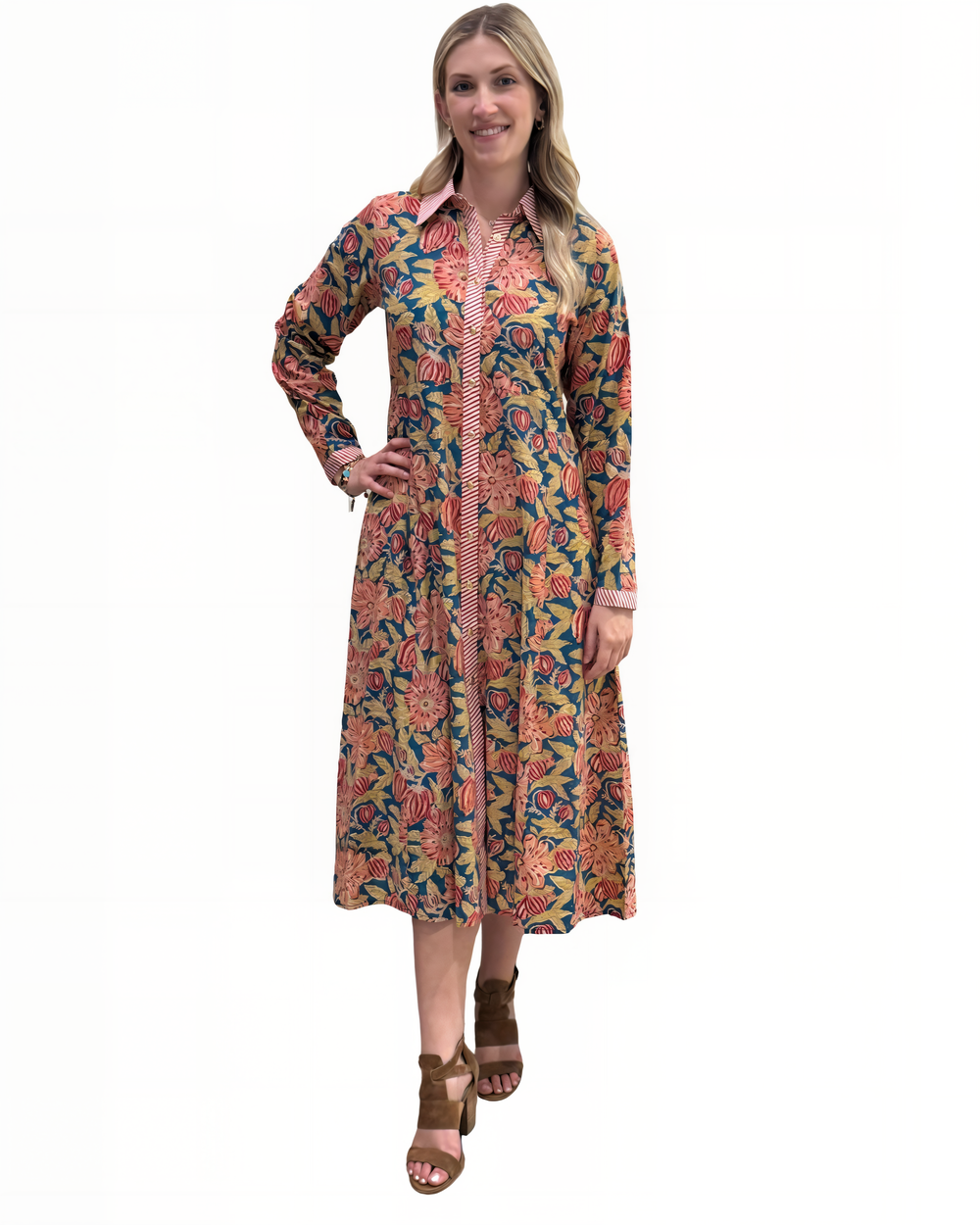 The Marion Hand Block Printed Button Front Dress in Green Red Floral — view 2