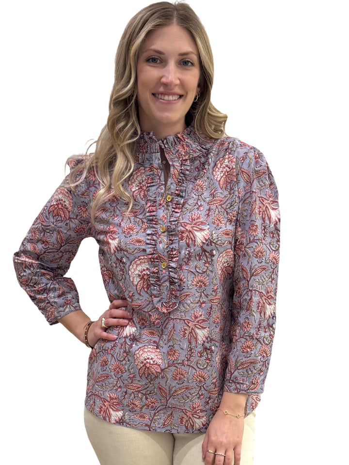 The Carrie Ruffle Trim Top in Blue Grey Handblocked Floral — view 4