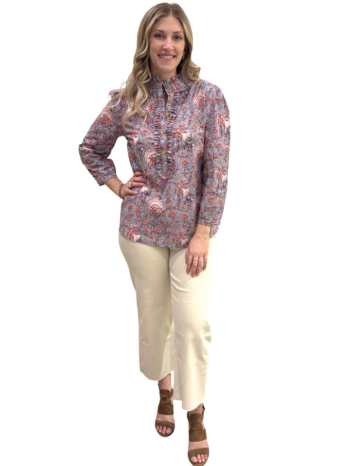 The Carrie Ruffle Trim Top in Blue Grey Handblocked Floral — view 3