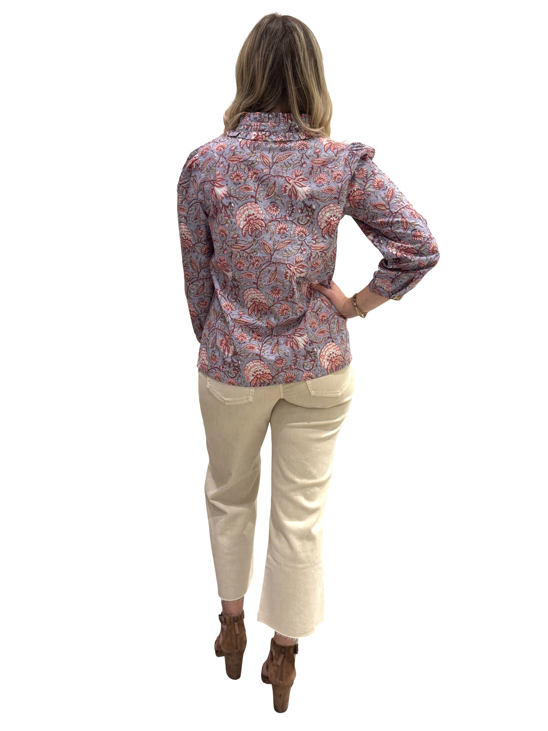 The Carrie Ruffle Trim Top in Blue Grey Handblocked Floral — view 5