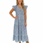 The Isabella Long Flutter Sleeve Maxi Dress in Green Blue Hand-Block