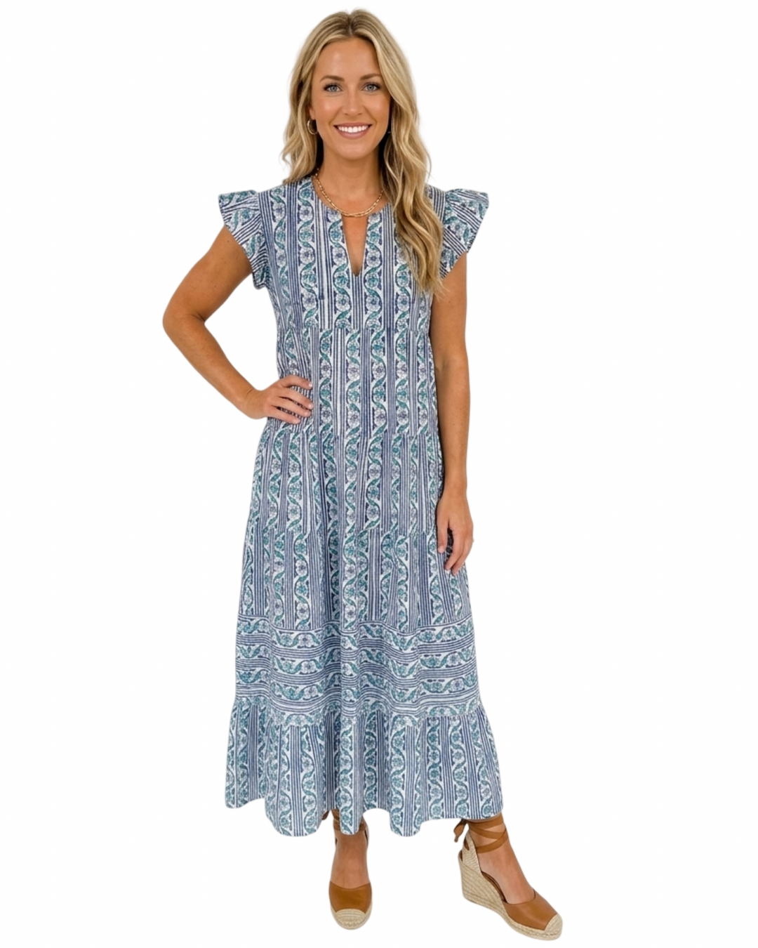 The Isabella Long Flutter Sleeve Maxi Dress in Green Blue Hand-Block