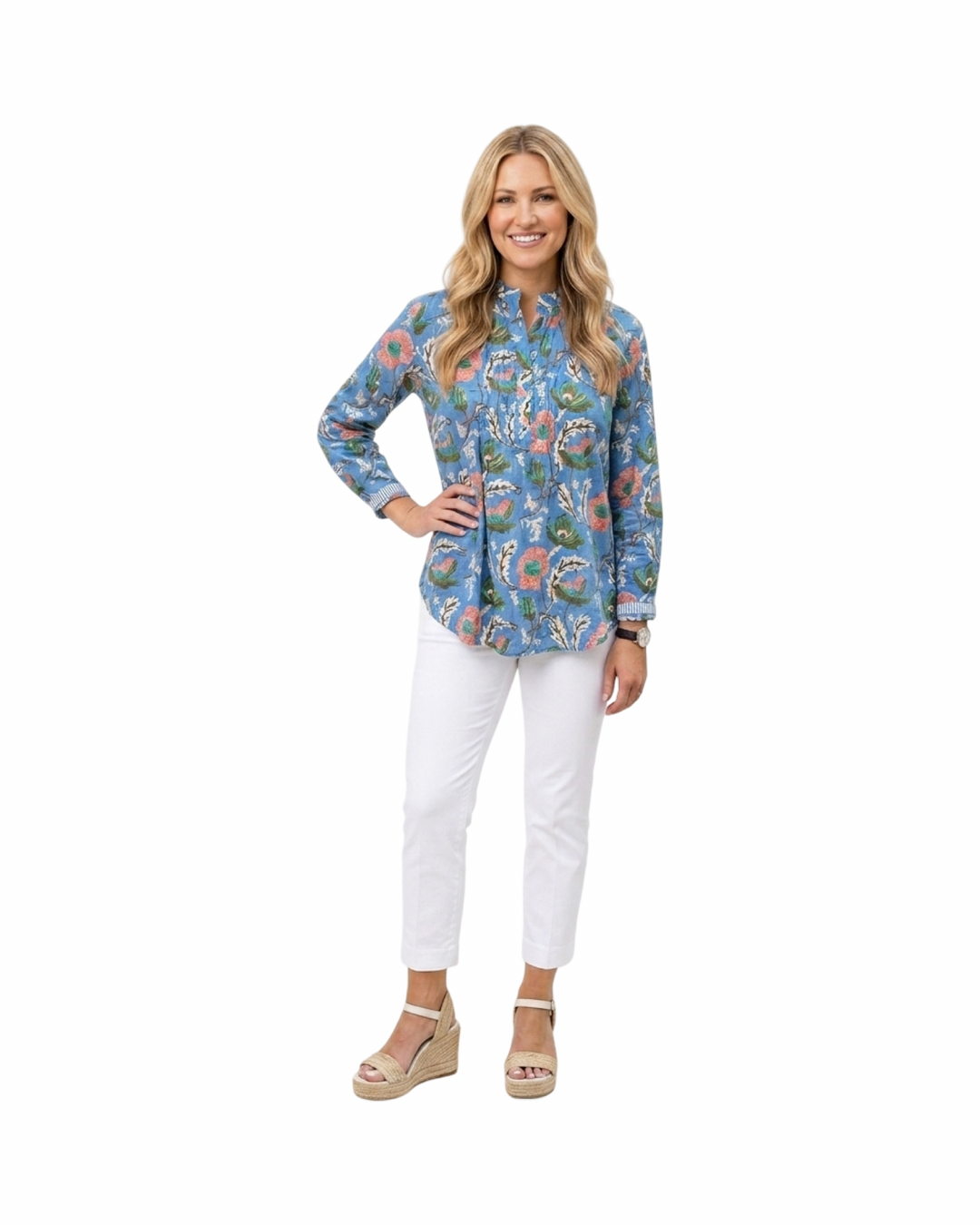 The Avery Cotton Block Print Top in Mediterranean  Blue Floral