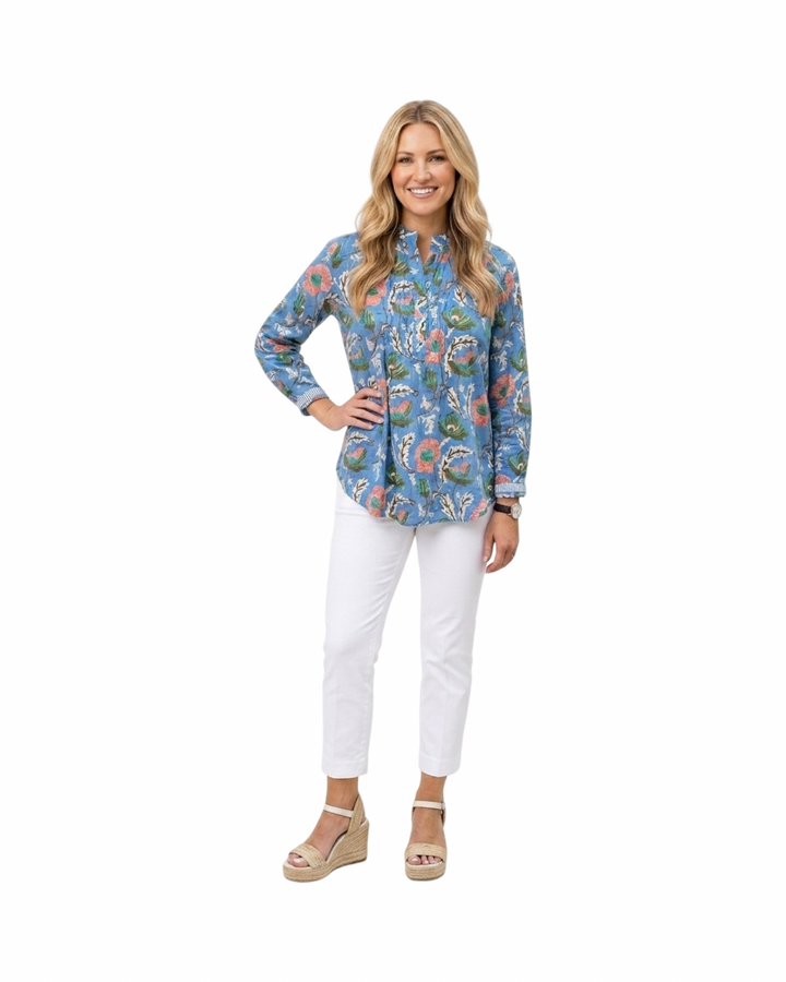 The Avery Cotton Block Print Top in Mediterranean  Blue Floral
