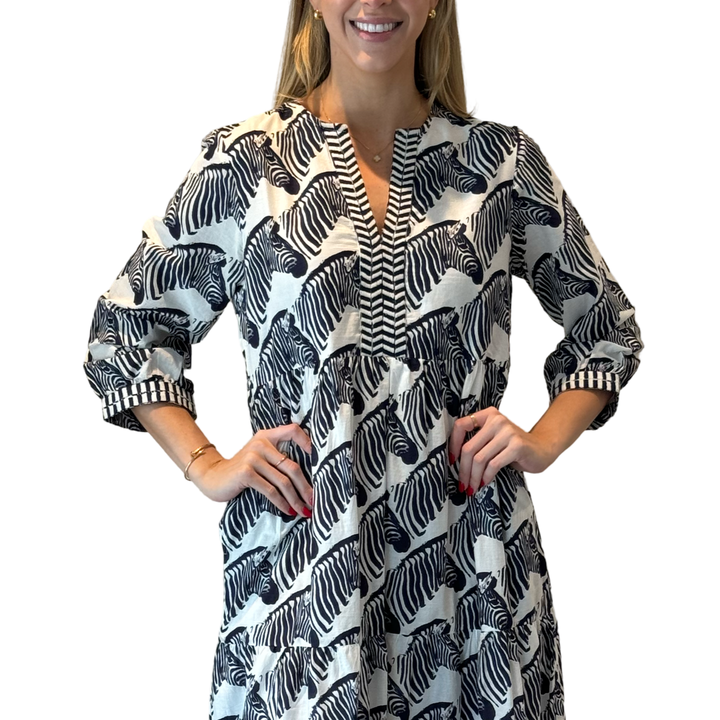The Daniella Zebra Print Embroidered Trim Midi Dress in Navy — view 4