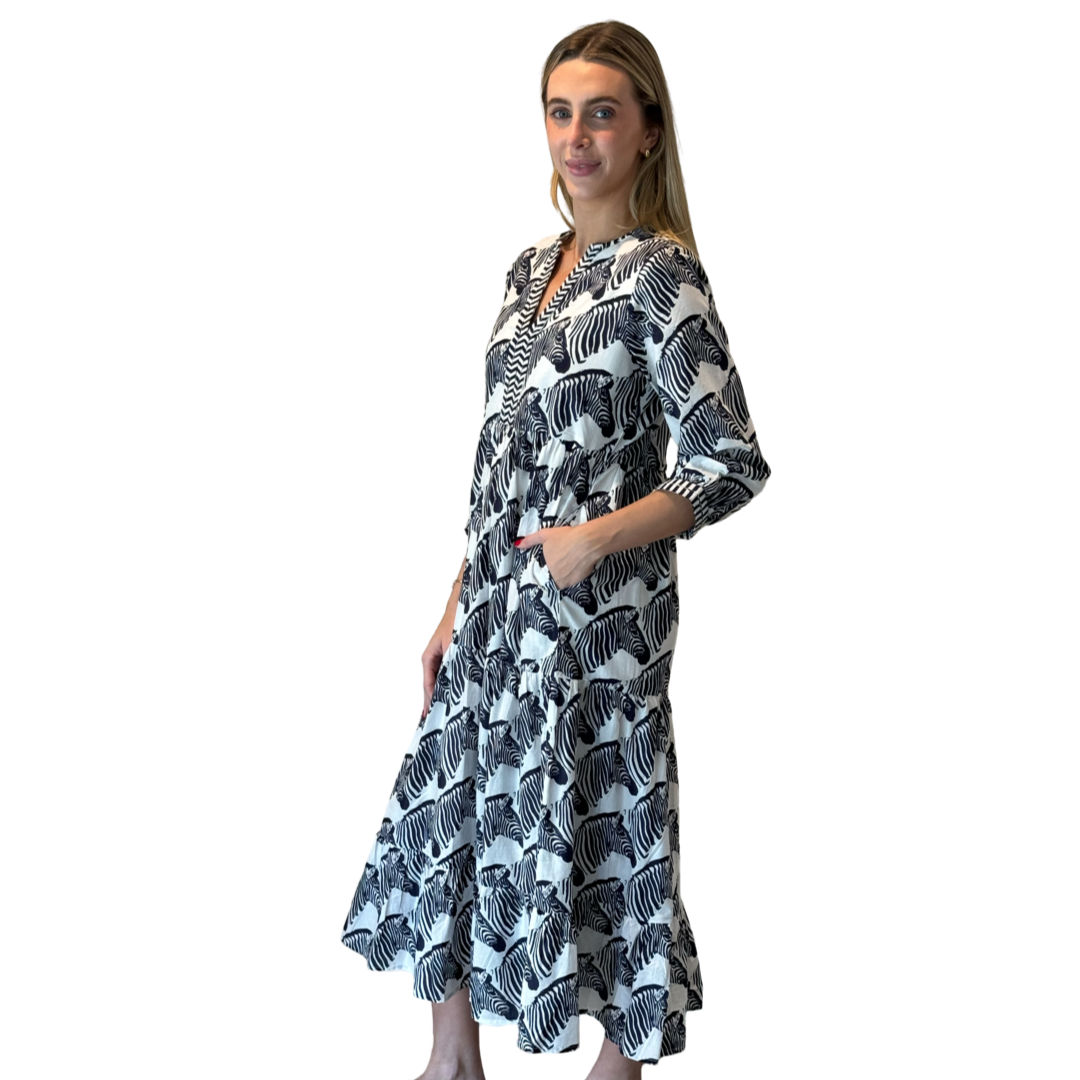 The Daniella Zebra Print Embroidered Trim Midi Dress in Navy — view 3