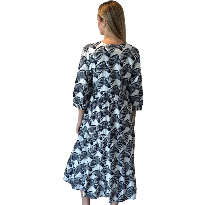 The Daniella Zebra Print Embroidered Trim Midi Dress in Navy — view 5