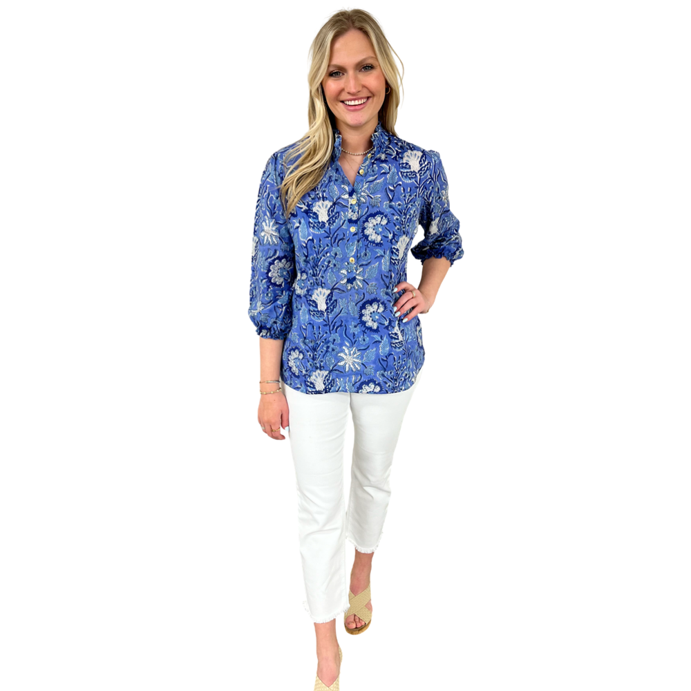 The Tricia Ruffle Trimmed Button Front Top in Blue Hand Blocked Floral — view 2