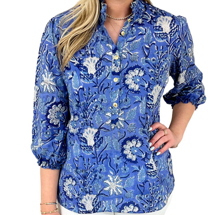 The Tricia Ruffle Trimmed Button Front Top in Blue Hand Blocked Floral — view 4
