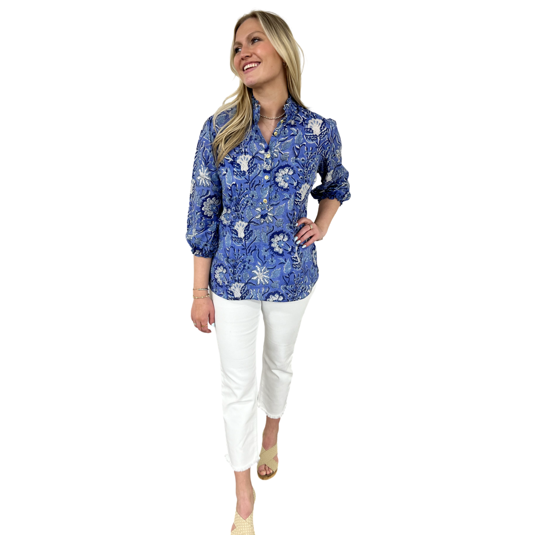 The Tricia Ruffle Trimmed Button Front Top in Blue Hand Blocked Floral — view 3