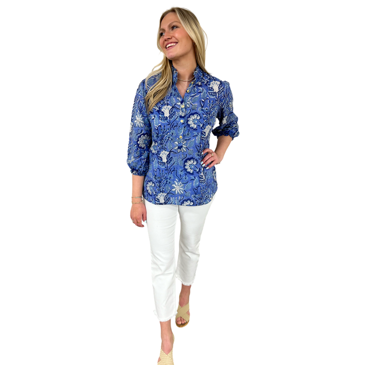 The Tricia Ruffle Trimmed Button Front Top in Blue Hand Blocked Floral — view 3