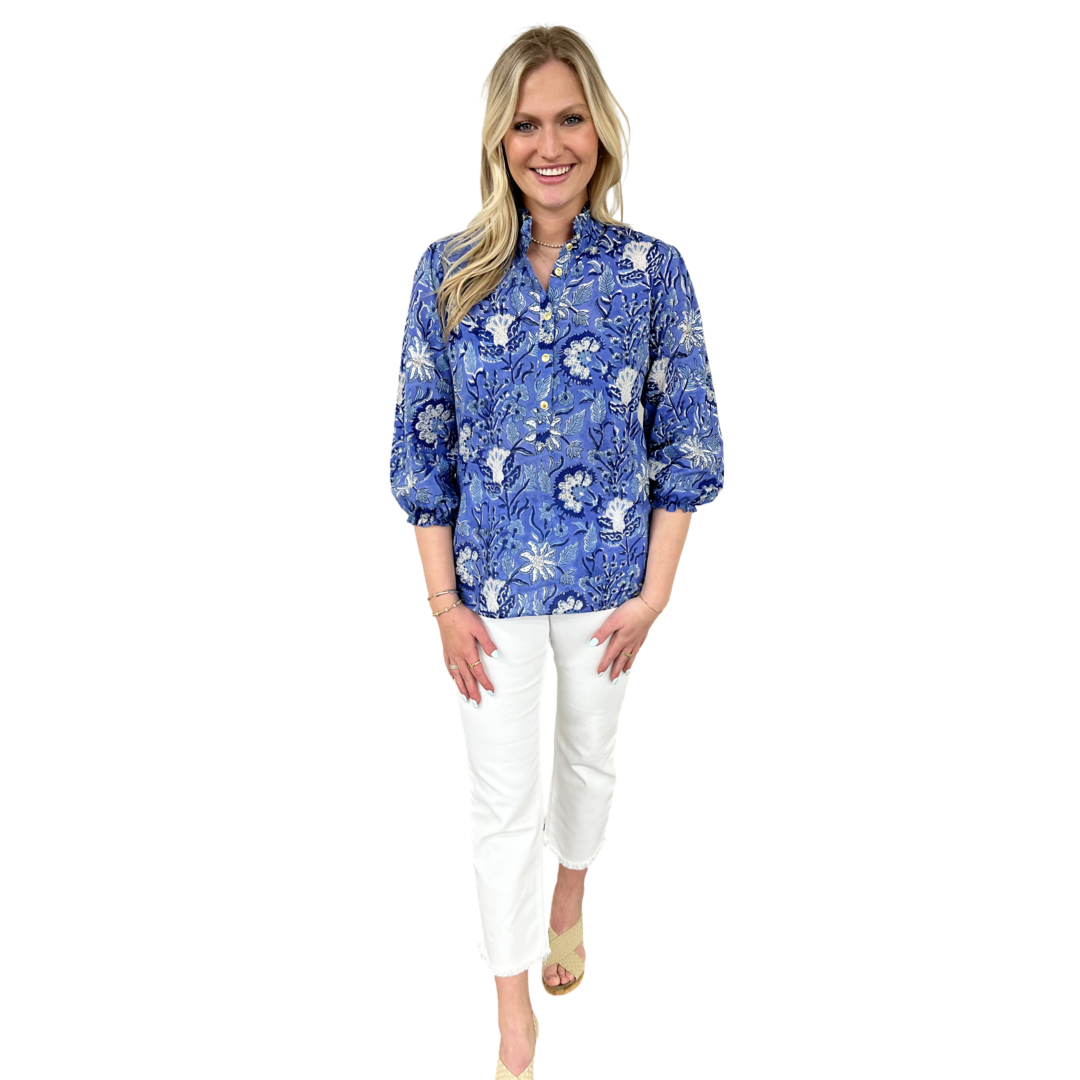 The Tricia Ruffle Trimmed Button Front Top in Blue Hand Blocked Floral