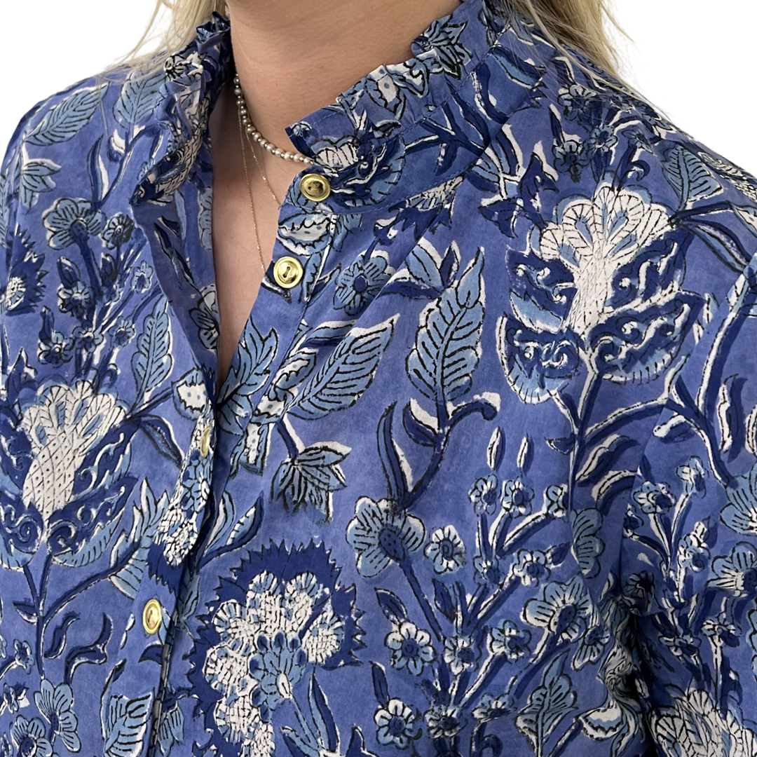 The Tricia Ruffle Trimmed Button Front Top in Blue Hand Blocked Floral — view 5