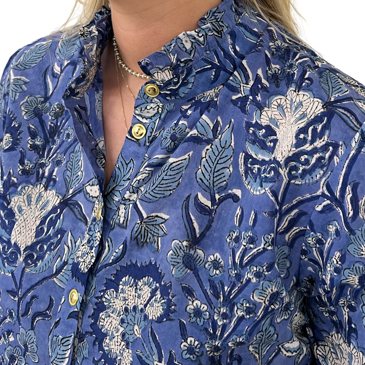 The Tricia Ruffle Trimmed Button Front Top in Blue Hand Blocked Floral — view 5