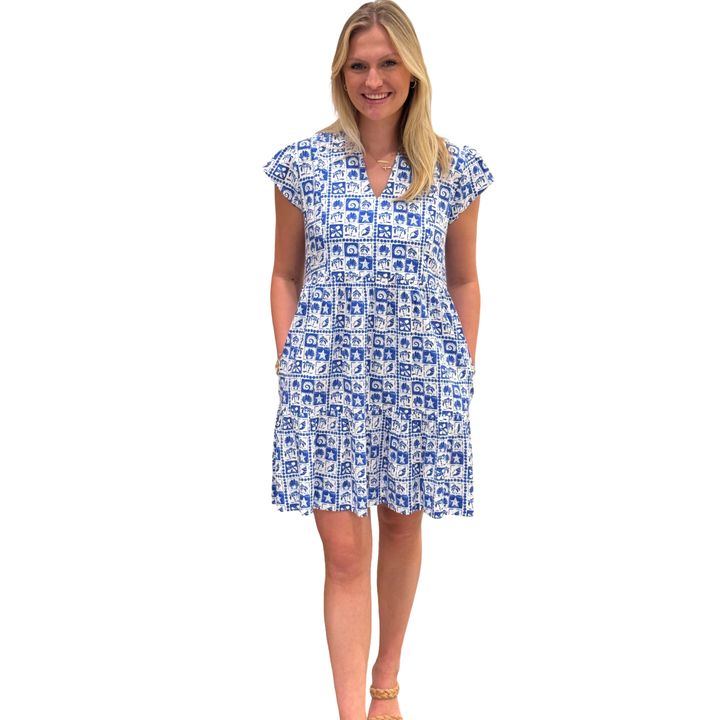 The Preston Side Pocket  Dress in Royal and White — view 2
