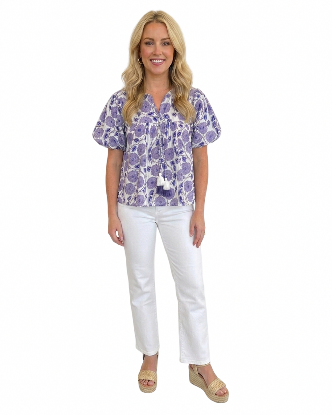 The Poppy Puff Sleeve Top in Lavender Hand-Blocked Cotton Floral