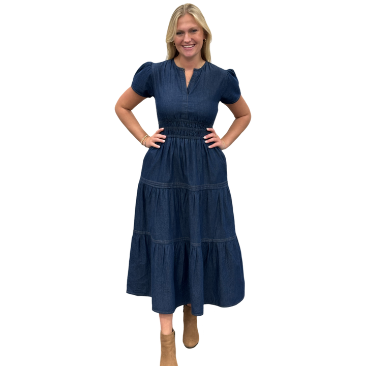 The Sydney Cinch Waist Dress in Denim — view 2