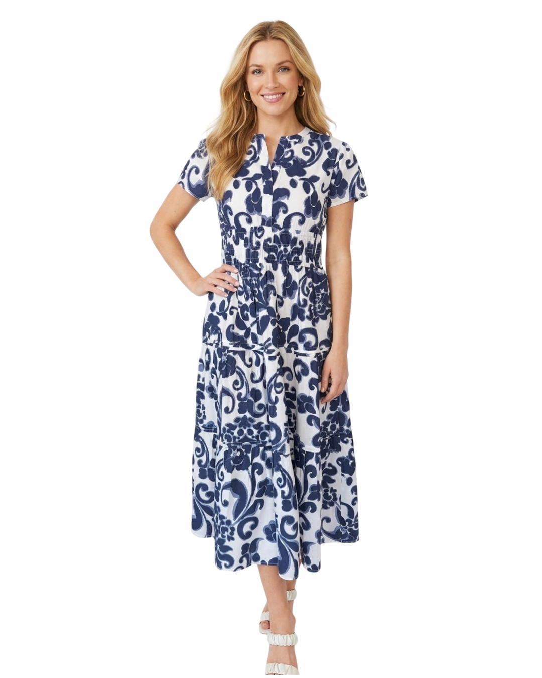 The Sydney Cinch Waist Dress in Blue Floral