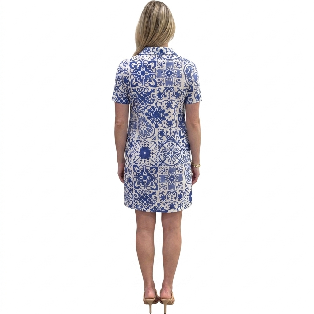 The Carly Short Sleeve Dress in Blue White Mosaic Cotton — view 3