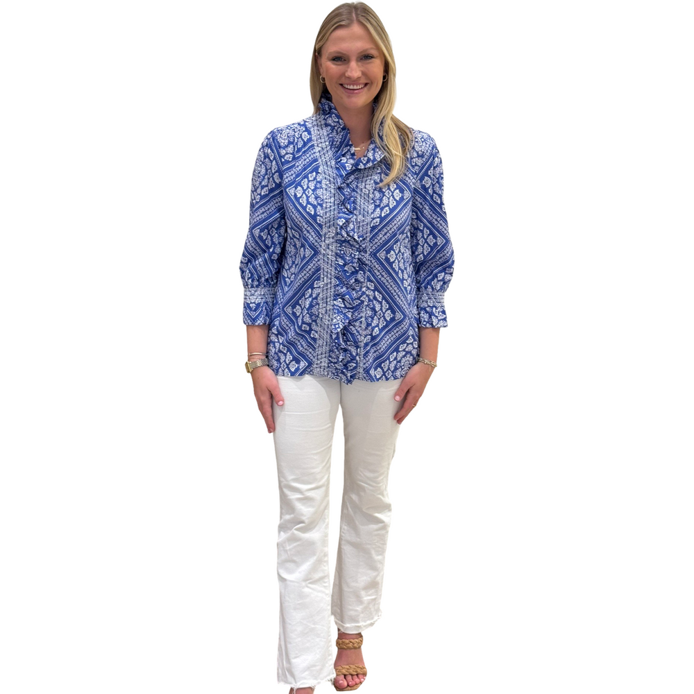 The Amelia Ruffle Top in Royal and White — view 2