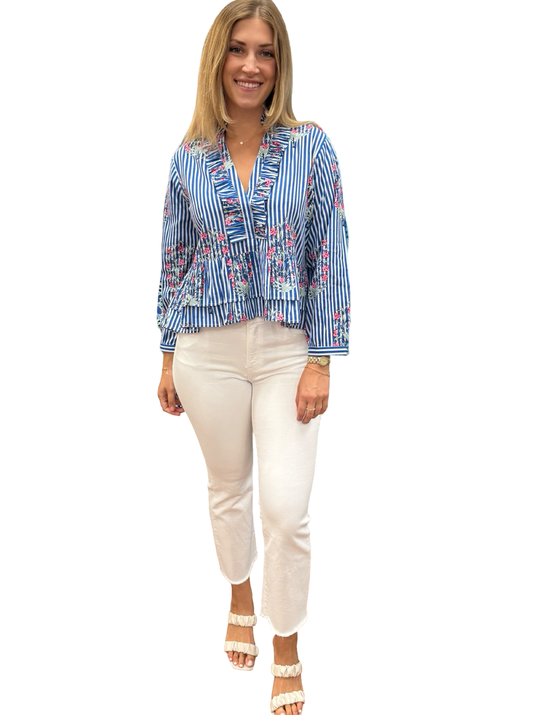 The Bella 3/4 Sleeve Top in Blue Striped Pink Floral — view 3