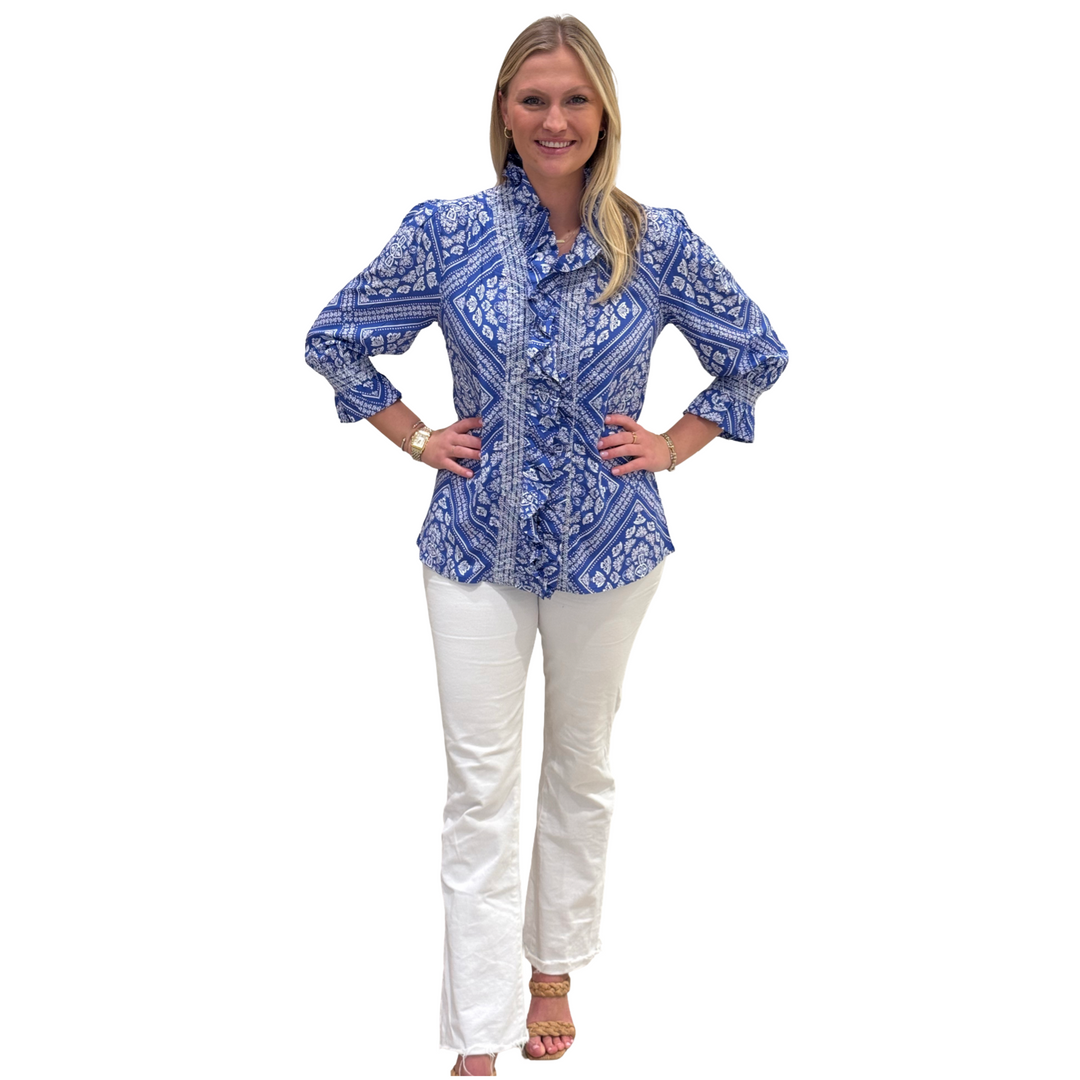 The Amelia Ruffle Top in Royal and White