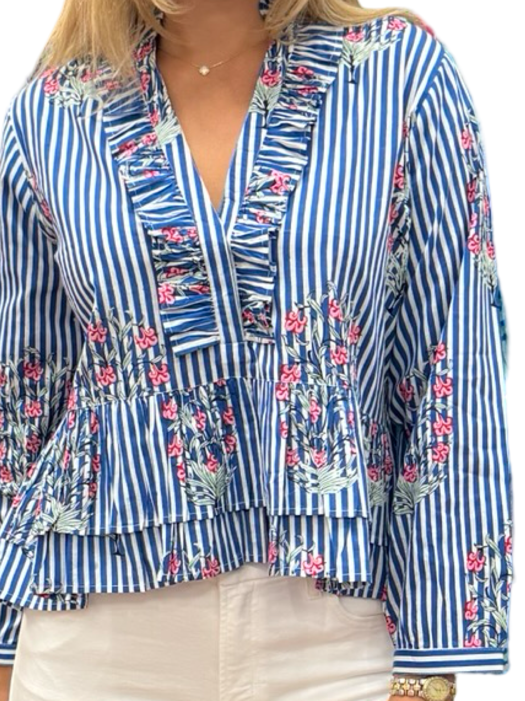 The Bella 3/4 Sleeve Top in Blue Striped Pink Floral — view 2