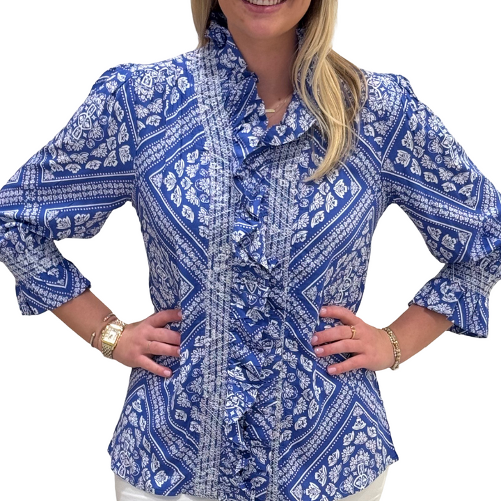 The Amelia Ruffle Top in Royal and White — view 3