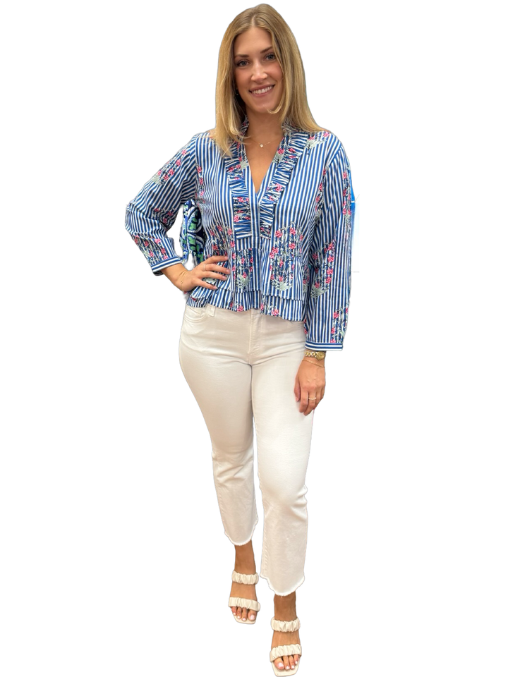 The Bella 3/4 Sleeve Top in Blue Striped Pink Floral — view 4