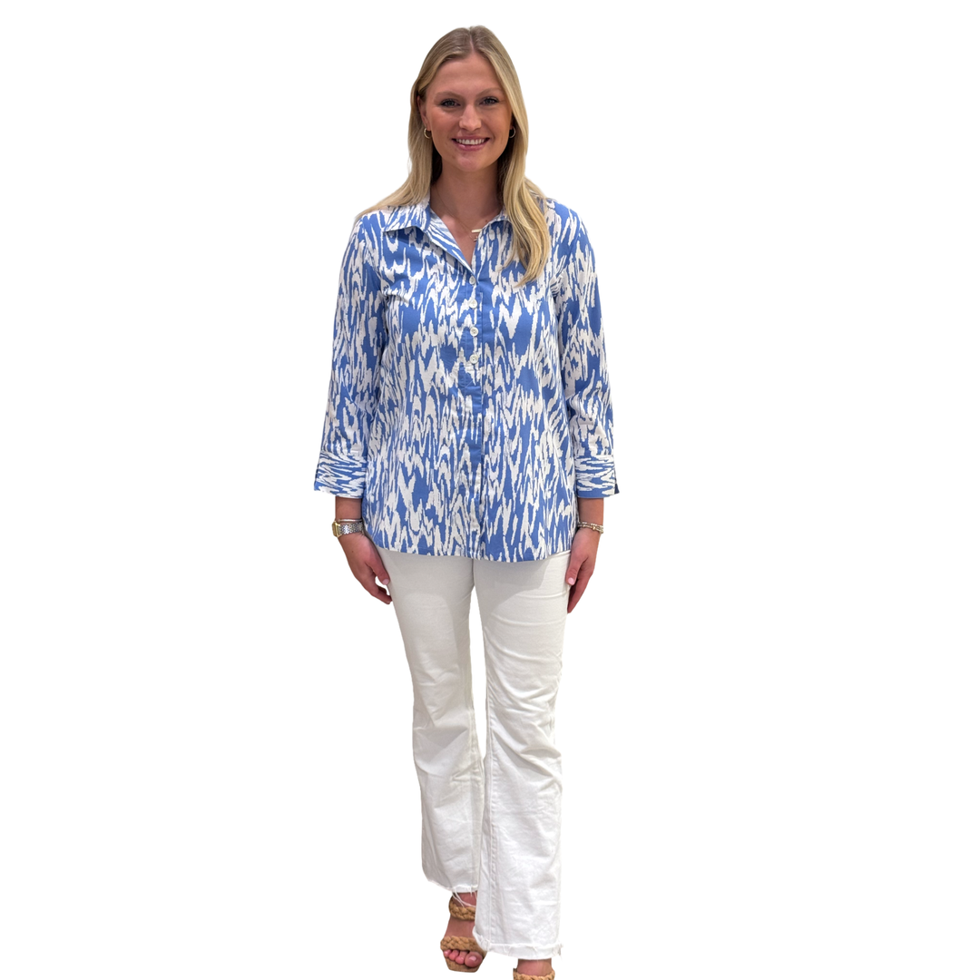 The Mason Button Back Top in Peri and White Ikat