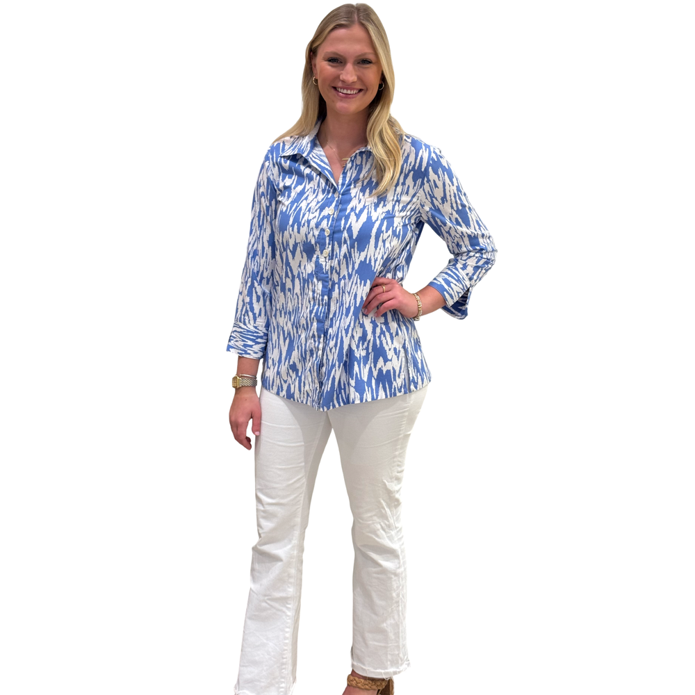 The Mason Button Back Top in Peri and White Ikat — view 2